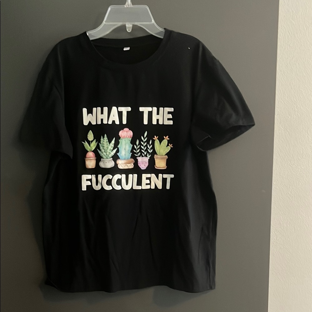 EUC L What the fucculent Black Graphic T-Shirt with Succulent Design